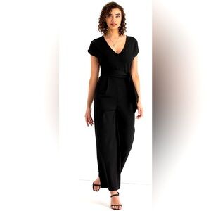 SMASH + TESS Sz L V-Neck Jumpsuit Wide Leg Seam Pockets Patch Front Pocket Black
